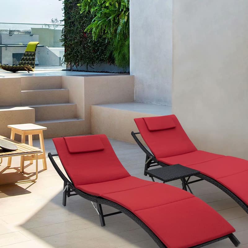 Homall Patio Chaise Lounge Sets Outdoor Rattan Adjustable Back 3 Pieces Cushioned Patio Folding Chaise Lounge with Folding Table - Red