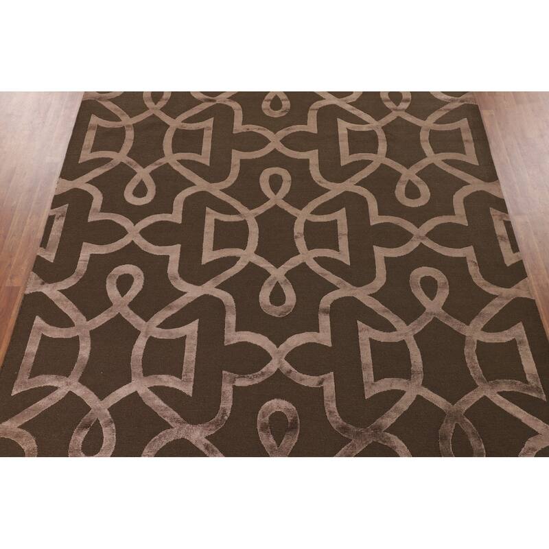 Brown Nepalese Indian Area Rug Hand-Knotted Wool Carpet - 9'1" x 11'10"