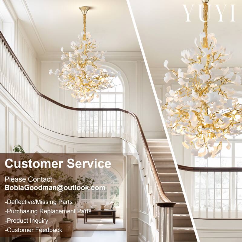 Modern Ginkgo Leaf Ceramic Chandelier, Moon Ring Round Pendant Light, D550-D1200, Gold Finish