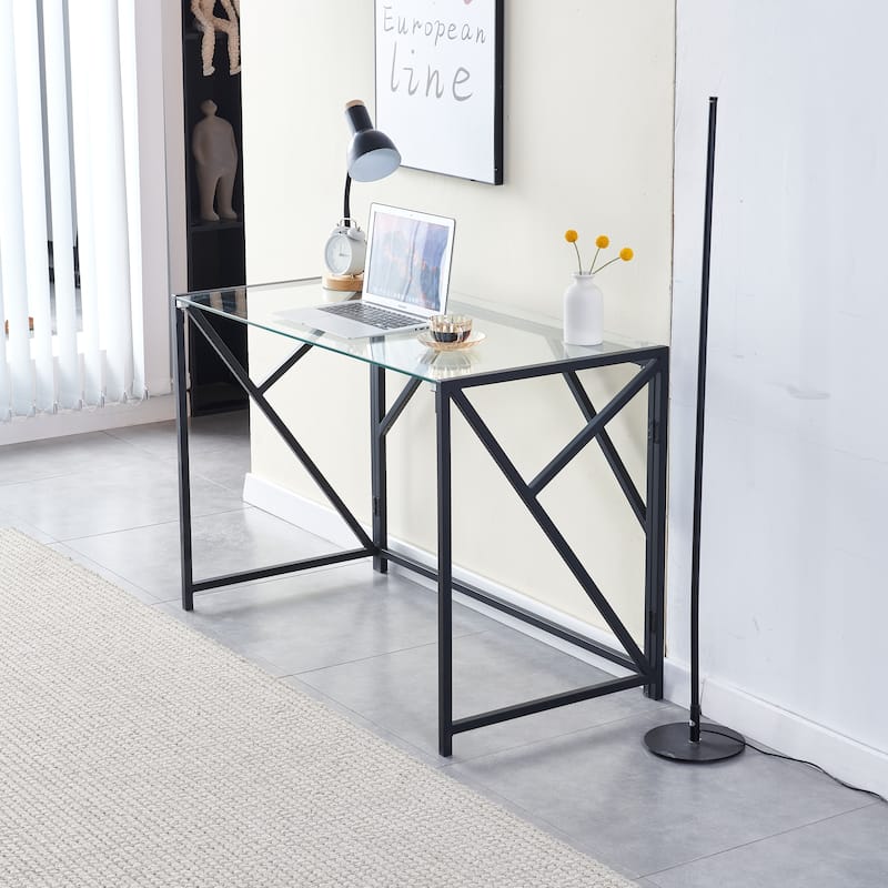 Tempered Black Glass Computer Desk, Laptop Desk, PC Laptop Table with Metal Frame, Writting Desk