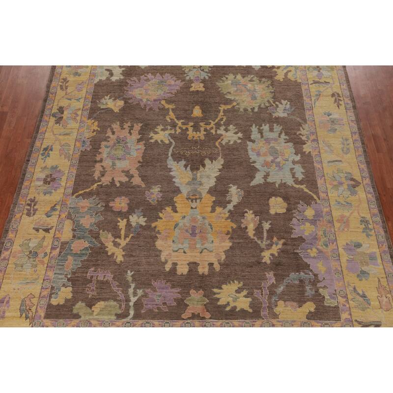 Hand Knotted Oriental 100% Wool Carpet Transitional All-Over Brown Oushak Area Rug - 11' 11'' X 9' 1''