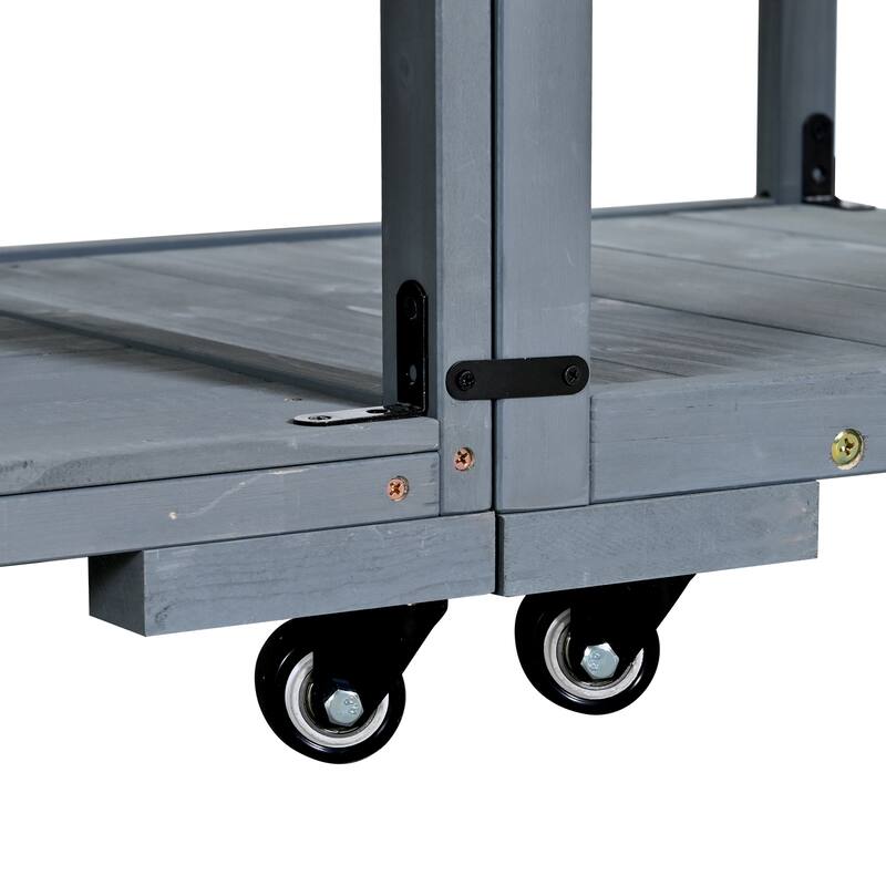 Solid Wood 62.3'' Patio Kitchen Island Kitchen Cart with Stainless Table Top, Garden Potting Bench with Raised Shelf and Drawers