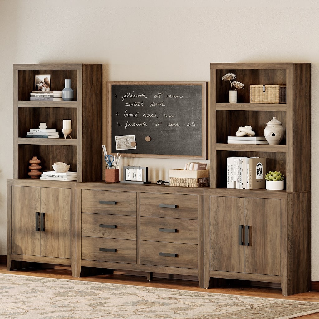 WAMPAT Farmhouse Entertainment Center with Bookshelves, Modular TV Stand with Storage Drawers