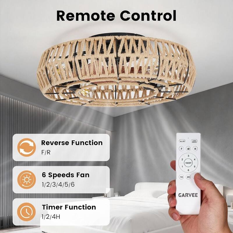 20 in 6 Speed Reversible Caged Ceiling Fan with Light Flush Mount for Bedroom Living Room