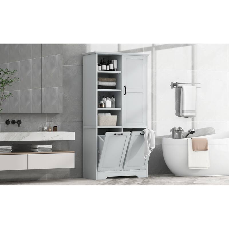 Roomfitters 68" Tall Bathroom Storage Cabinet with Dual Tilt-Out Laundry Hampers, Open Shelves & Adjustable Storage