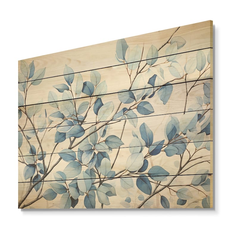 Designart "Blue And Grey Leave Bloom" Leaves Wood Wall Decor - Traditional Blue Wood Panel On Natural Pine Wood