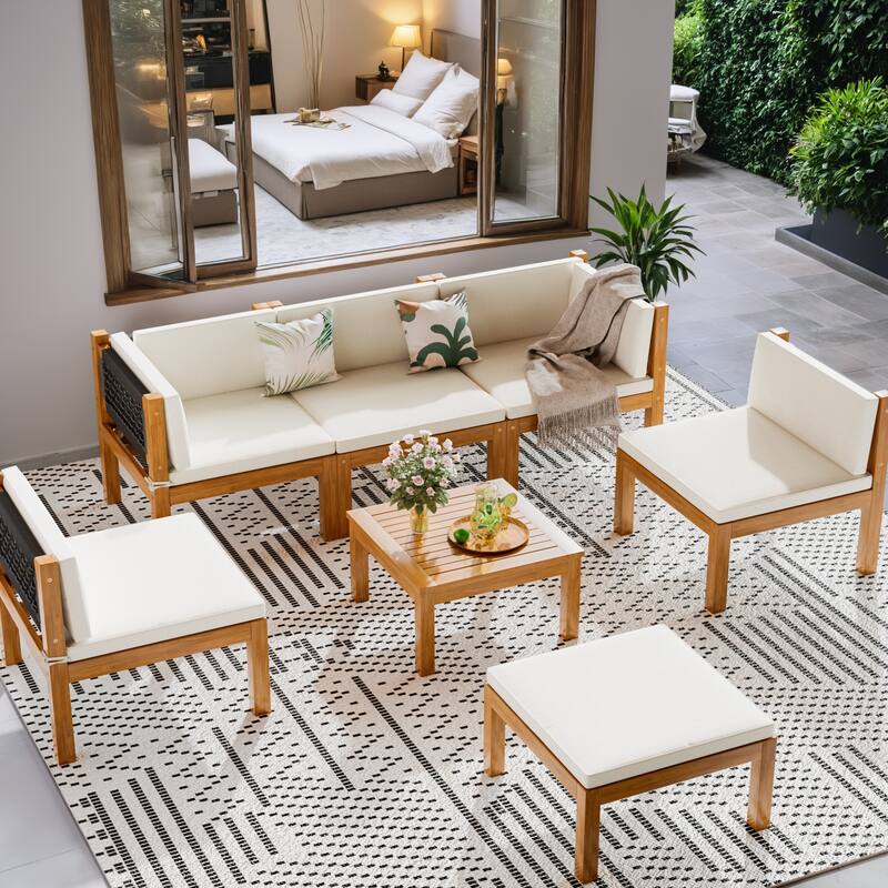 Furniwell 5/6/7-pieces Acacia Patio Furniture Set, Wooden Conversation Set,Outdoor Modular Design Sofa Set with Side Table
