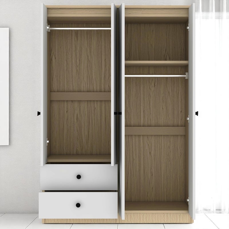 4 Door Wardrobe Armoire Closet with 2 Drawers, Shelves and Dual Hanging Rods, Pine Wood Storage Cabinet