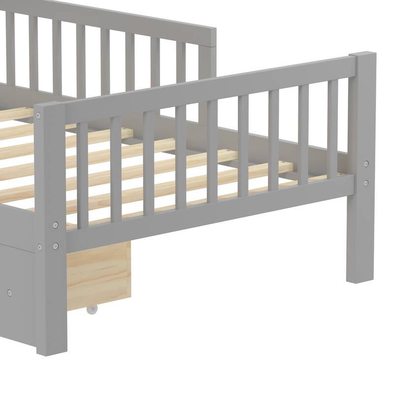 Safe Kids Bed Platform Bed Twin Size Wood Bed Frame with Storage Headboard and 2 Drawers Under, 3-Side Guardrails for Boys Girls