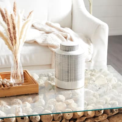 CosmoLiving by Cosmopolitan White Ceramic Striped Living Room Decorative Jars (Set of 2) - 8 x 8 x 13