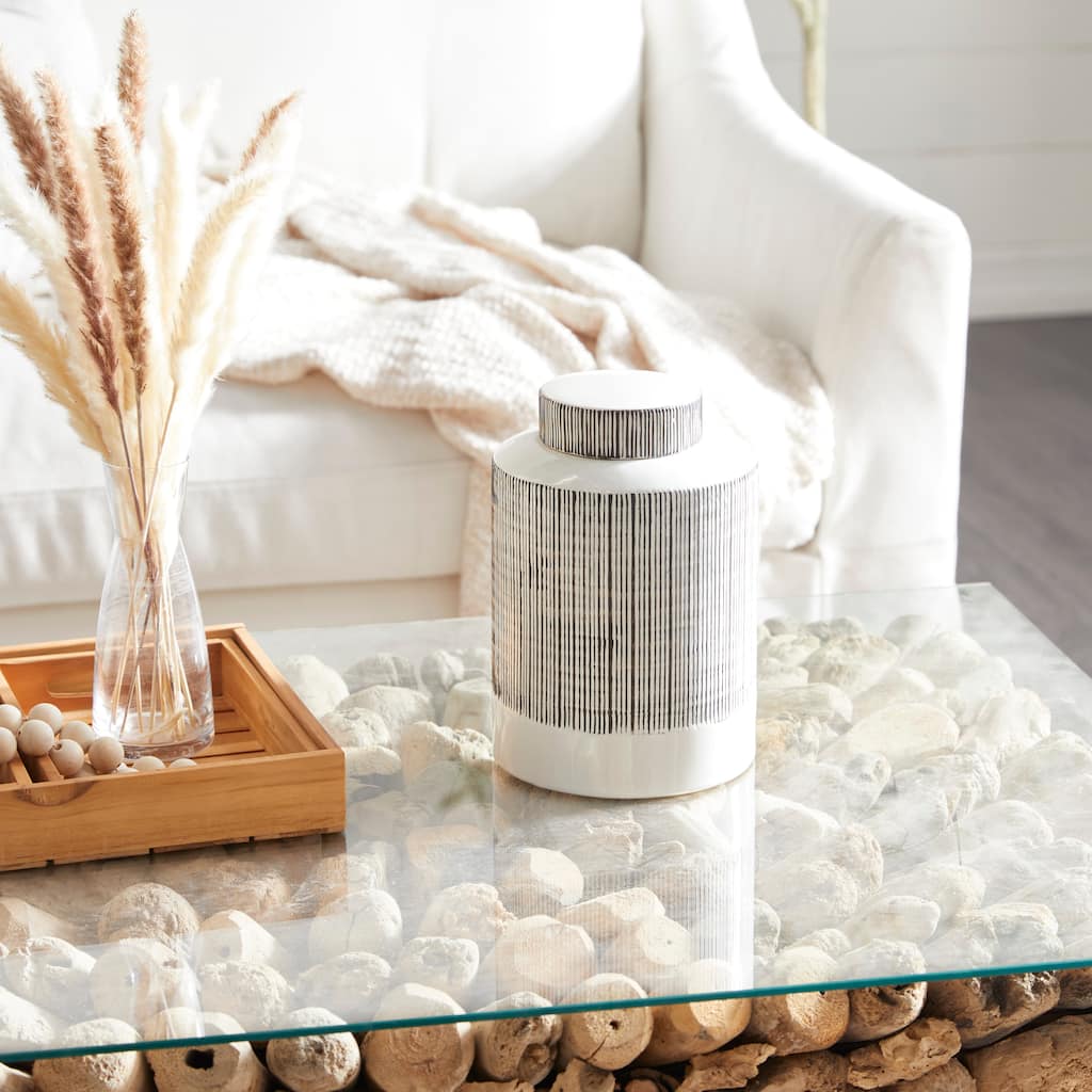 CosmoLiving by Cosmopolitan White Ceramic Striped Living Room Decorative Jars (Set of 2) - 8 x 8 x 13