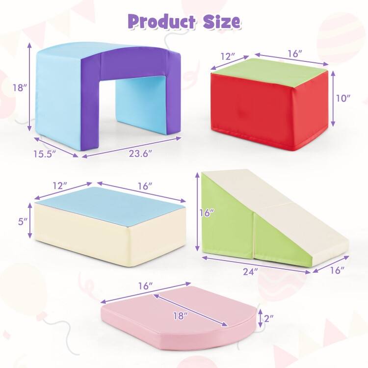 Multicolor PU Foam Climbing Blocks 6 Pieces, Safe, Versatile, Educational Playset for Kids, Tunnel - 16" x 12" x 10" (L x W x H)