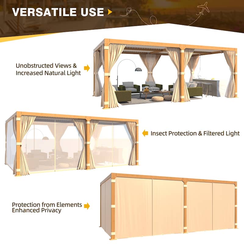 EROMMY Outdoor Louvered Pergola Gazebo with Adjustable Aluminum Rainproof Roof and Pull-Down Screen