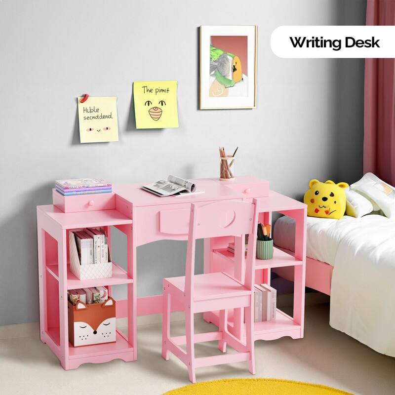 Kids Vanity Table And Chair Set, 2 In 1 Girls Vanity Storage Cabinet W/Tri-Folding Mirror - N/A