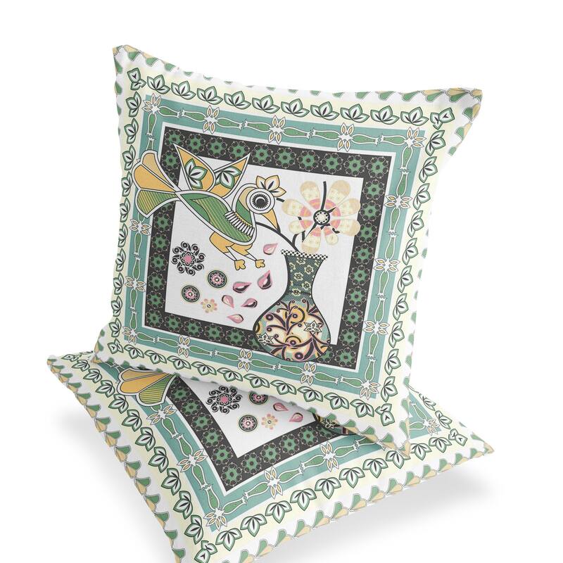 HomeRoots Set of Two 16" X 16" Green and White Peacock Blown Seam Floral Indoor Outdoor Throw Pillow - 16.00' X '16.00' X '5.00