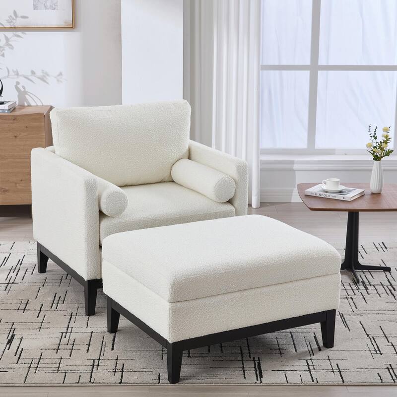 Boucle Armchair with Storage Ottoman - 300lb Capacity, Farmhouse Style - White + Black - With Ottoman