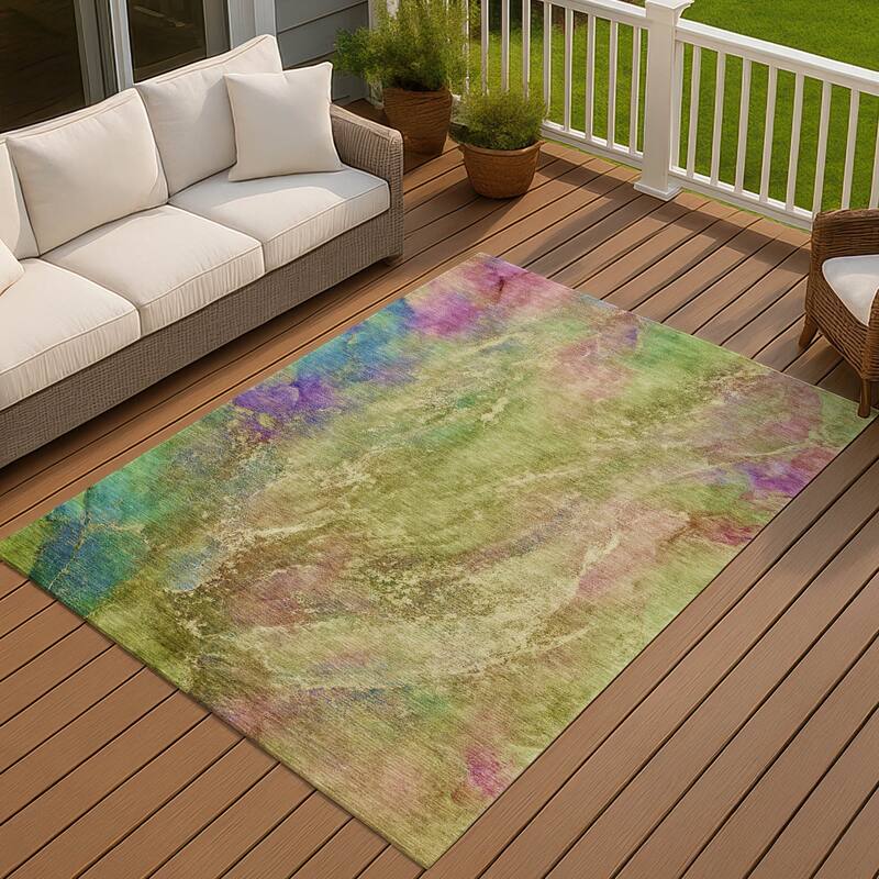 Machine Washable Indoor/ Outdoor Abstract Watercolor Chantille Rug - Green - 3' x 5'