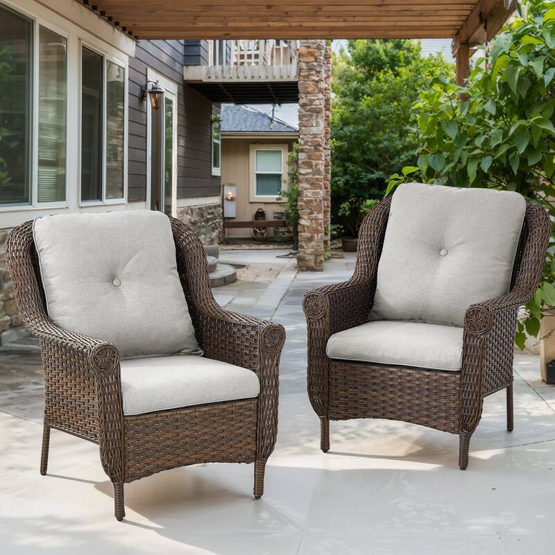 Pocassy Wicker Patio Conversation Set for Backyard - Beige Cushion - 2PCS Patio Chairs with Cushion