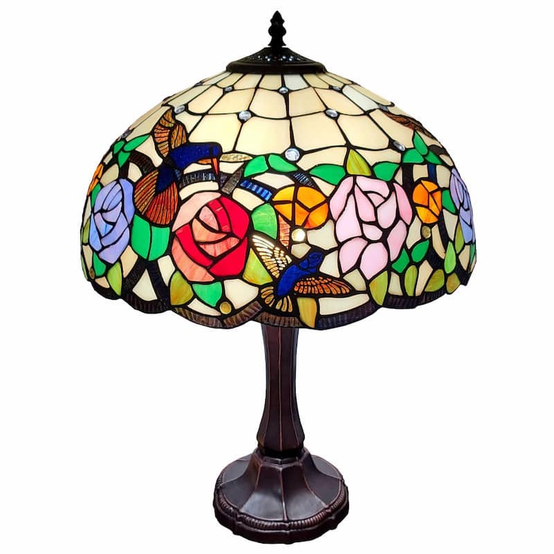 Dark Brown Metal Candlestick Table Lamp with Multi-Color-Stained Glass - 12” x 21” x 23” (D x W x H)