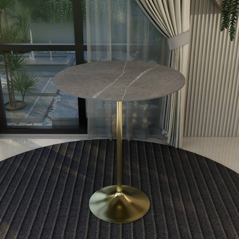 LeisureMod Verve 36" Bar Dining Table with Sintered Stone Round Top in Gold Steel, Gold Marbleized