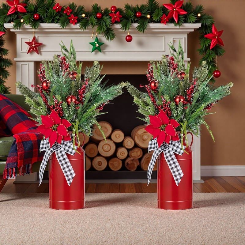 Glitzhome 35"H Set of 2 Christmas Poinsettia Floral Potted Tree