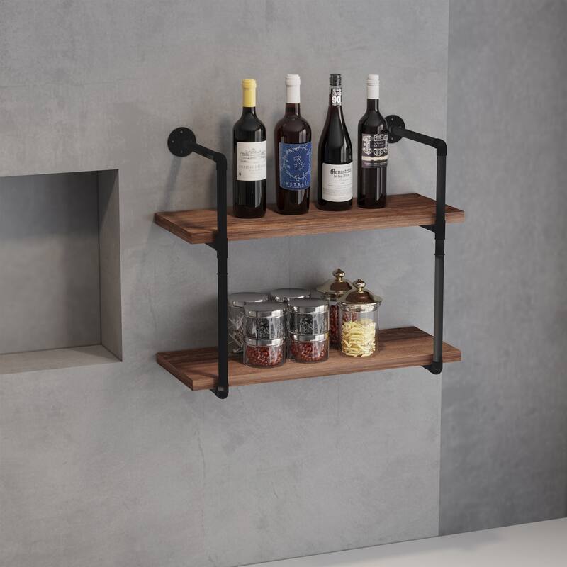 HOMCOM Industrial Pipe Style Shelf Multi-Tier Wall-Mounted Utility Bookcase Floating Storage Rack with Metal Frame, Rustic Brown