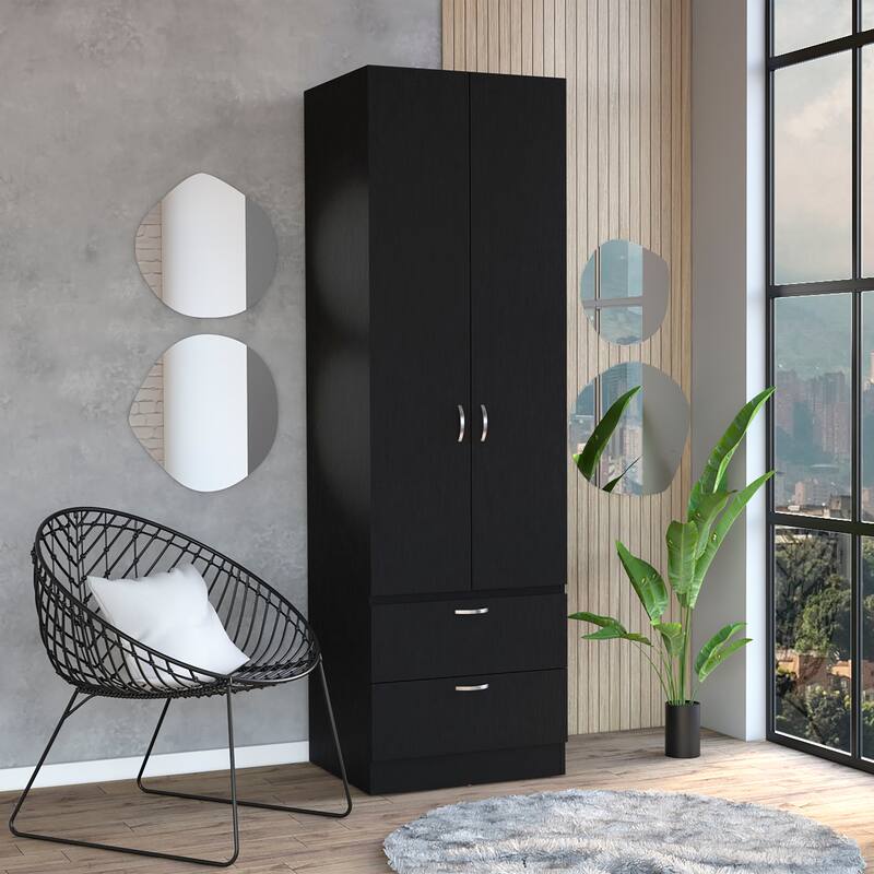 19.5" Modern Double-door Armoire with 2 Drawers, One Shelf and Hanging Rod - Black