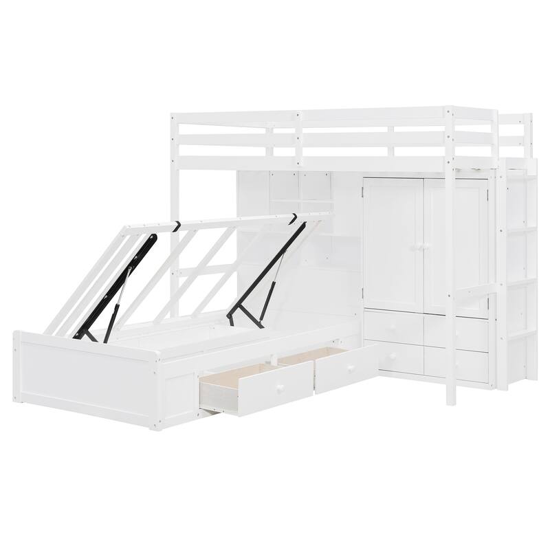 White Twin Bunk Bed with Drawers, Wardrobe, Storage Shelves, and Hydraulic Lift