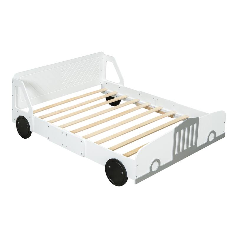 Full Size Car-Shaped Platform Bed with Wheels in White