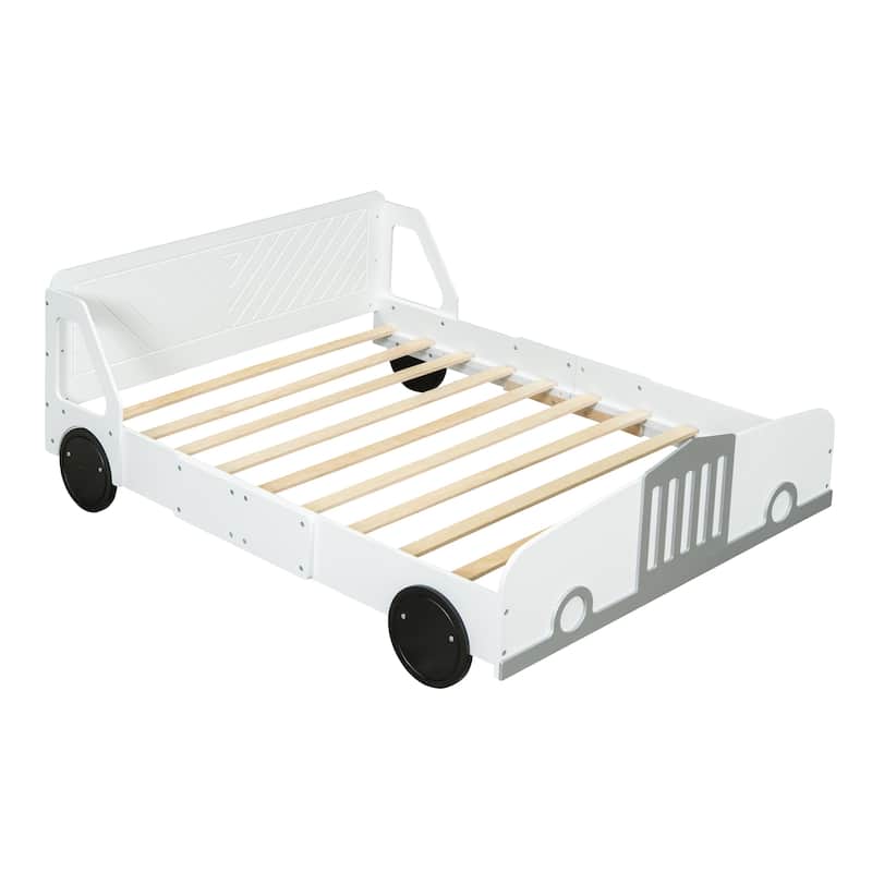 Twin White Race Car-Shaped Wood Platform Bed Frame with Headboards ...