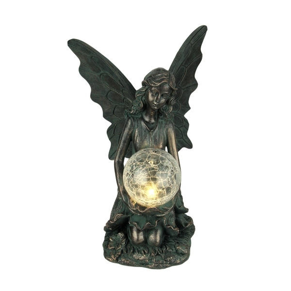 Verdigris Bronze Finish Fairy Holding LED Crackled Glass Ball Solar Statue - 14.5 X 9.75 X 9.25 inches