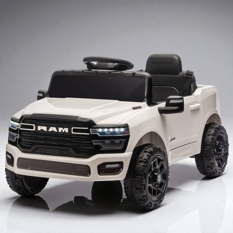 Licensed Dodge RAM 3500 12V Kids Ride On Truck with Remote Control, Dual Motors, Suspension, LED Lights & Music Player - White