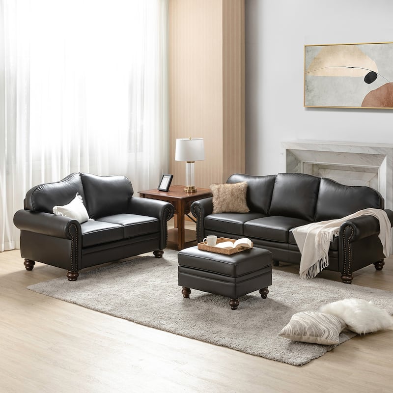 Filomena Transitional 5 Piece Genuine Leather Living Room Set Sofa with Rolled Arms by HULALA HOME