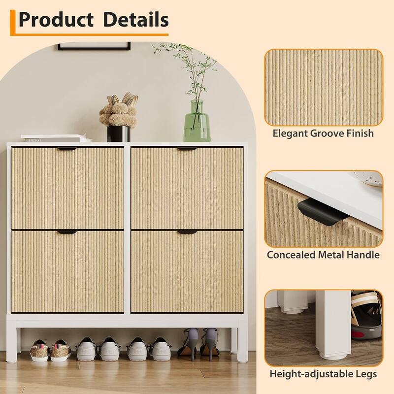 Modern Narrow Fluted Shoe Storage Cabinet with 4 Flip Drawers