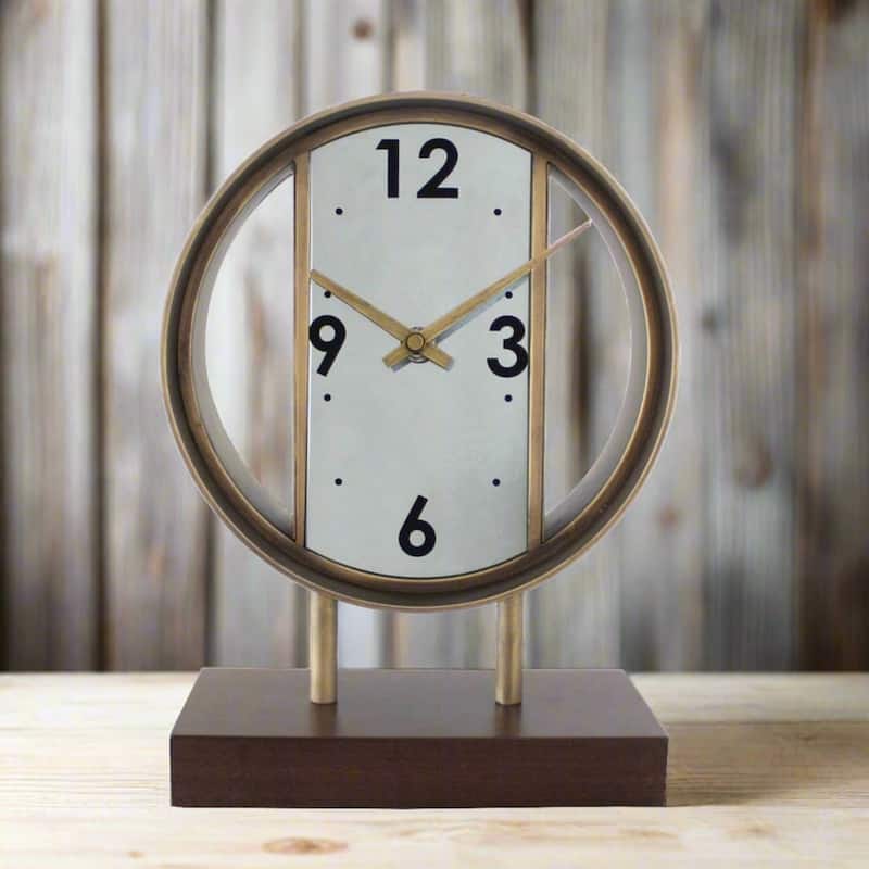 Round Open Design Quartz Clock with Wooden Base - 11" - Brown and Gold