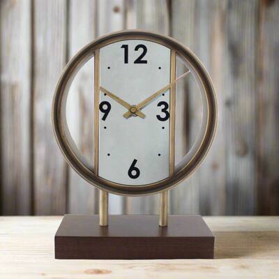 Round Open Design Quartz Clock with Wooden Base - 11" - Brown and Gold