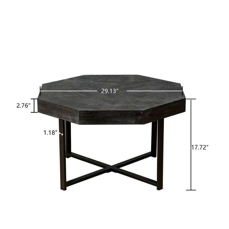 30" Octagonal Wood Coffee Table with Cross Metal Base, Farmhouse Vintage Style