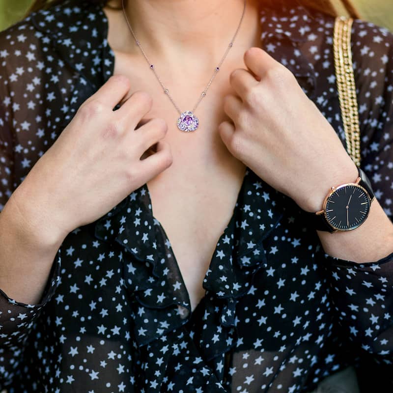 Miadora Sterling Silver Tanzanite, Rose de France, Peridot and Amethyst Teardrop Halo Station Necklace