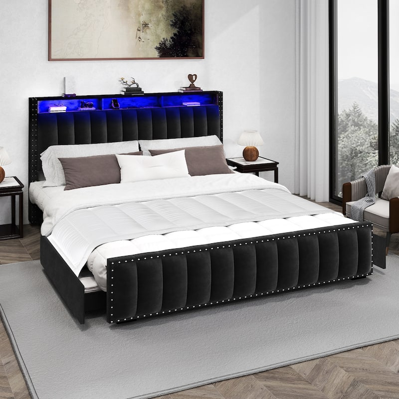 Velvet Upholstered Platform Bed with 4 Storage Drawers and RGB LED Lights&Charging Station