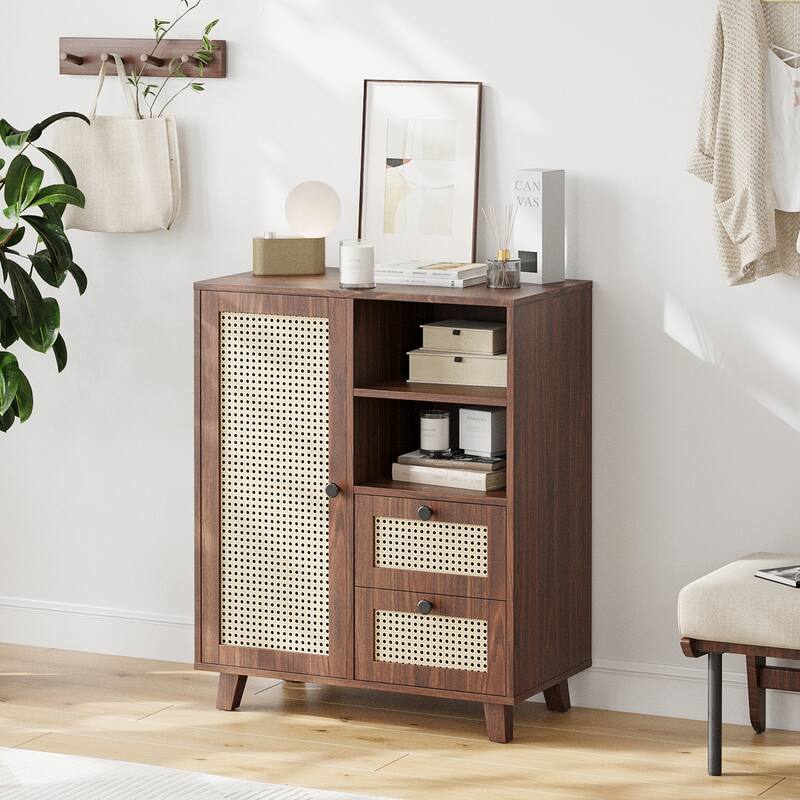 Rattan Buffet Cabinet with Adjustable Shelf, Sideboard with Drawers for Living Room, Kitchen, Entryway