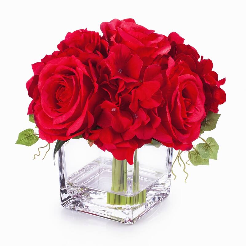 Enova Home Artificial Silk Hydrangea and Fake Roses Flowers Arrangement in Cube Glass Vase with Faux Water for Home Decoration - red
