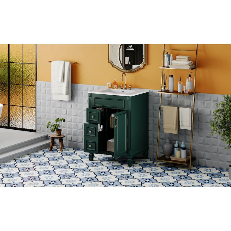 24" Bathroom Vanity With Ceramic Sink, Small Bathroom Sink Cabinet, Modern Cabinet With 2 Drawers And Adjustable Shelf