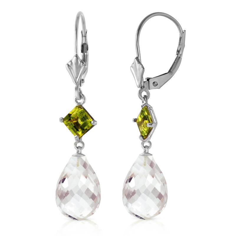14K Solid Gold Leverback Gemstone Earrings w/ Peridot & Rose Topaz - White