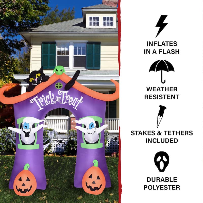 Haunted Hill Farm 9-Ft. Inflatable Pre-Lit Trick or Treat Walkway Arch with Black Cat, Jack-O-Lantern, and Ghost