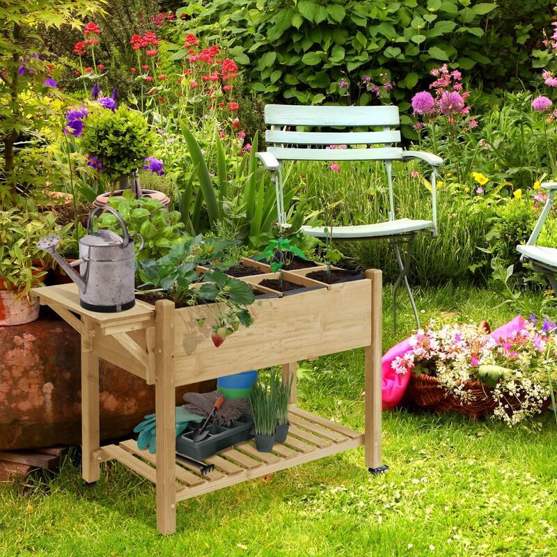 Outsunny 49'' x 21'' x 34'' Raised Garden Bed w/ 8 Grow Grids, Outdoor Wood Plant Stand w/ Storage Shelf and Lockable Wheels - Tan