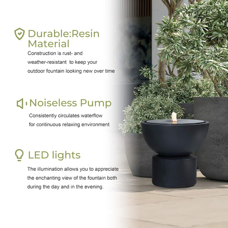 Dark Gray Resin Round Bubbler 18.7" Tall Outdoor Fountain with Lights