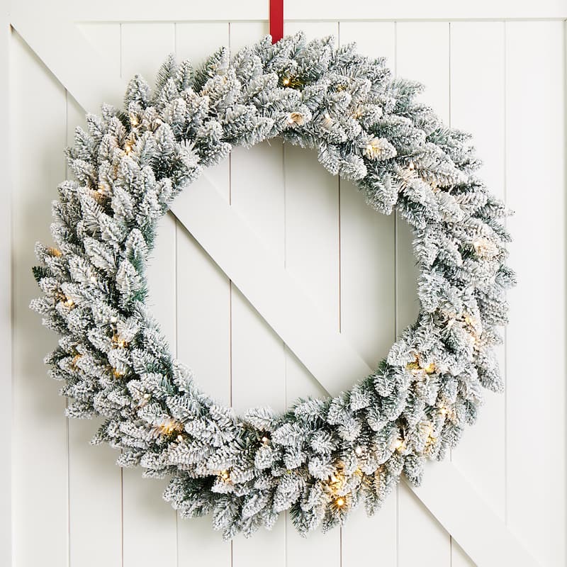 Glitzhome 36" Snow Flocked Christmas Wreath With LED Light and Timer