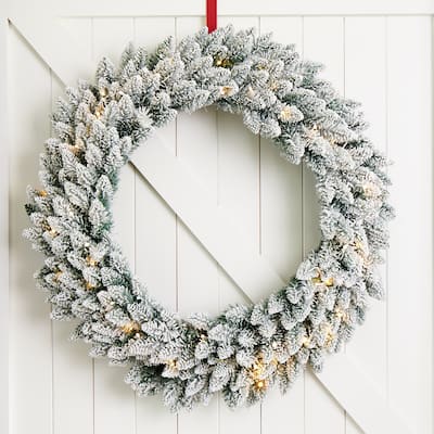 Glitzhome 36" Snow Flocked Christmas Wreath With LED Light and Timer