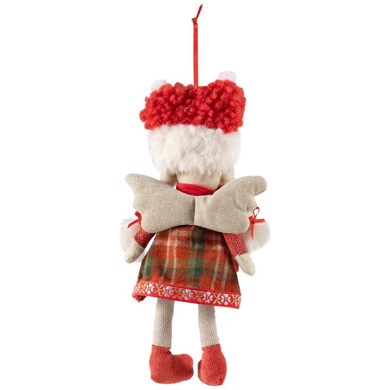 Plaid Angel Girl with Braided Pigtails Christmas Ornament - 8.5" - Red and Cream