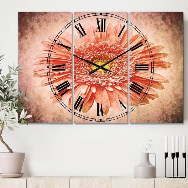 slide 2 of 6, Designart 'Single Daisy on White Background' Cottage 3 Panels Large Wall CLock - 36 in. wide x 28 in. high - 3 panels
